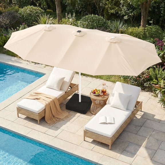 LAZZO 15FT Patio Umbrella with LED Lights and Base, Outdoor Rectangular Triple Shade for Patio Deck Garden, Champagne
