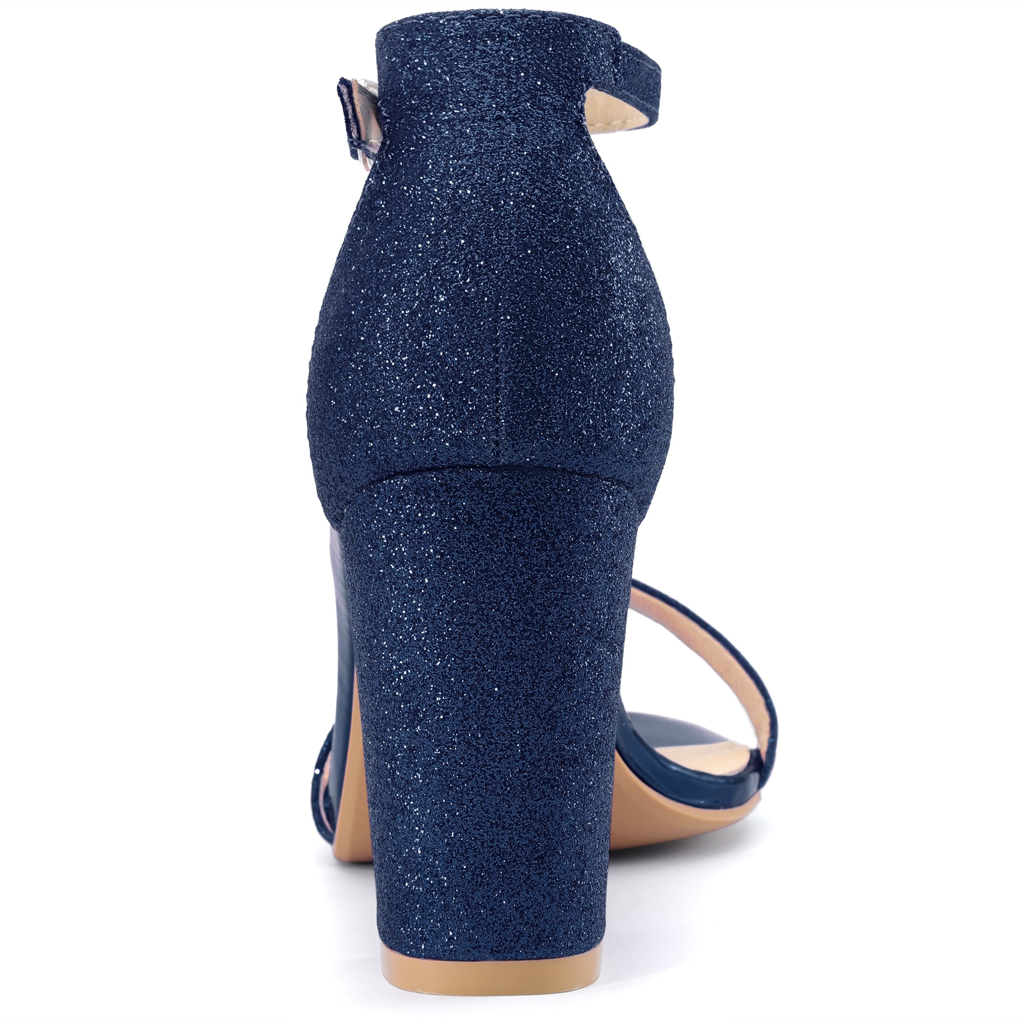 DARING DIVA Women's Ankle Strap Chunky Heels Glitter Vamp Open-Toe Sandals Navy Blue 6