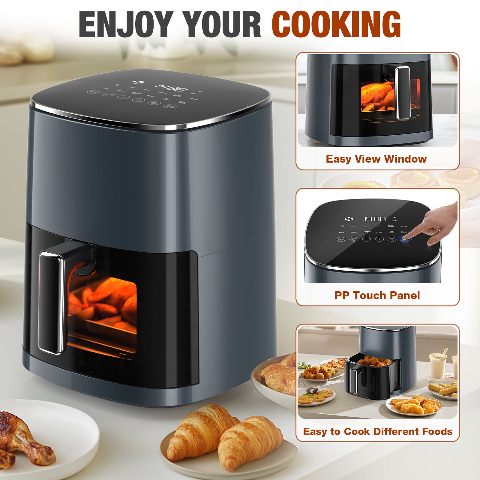 Sellary 6QT Air Fryer with Perspective Window and Light, 12-in-1, non-stick layer, suitable for Air Fry, Roast & More，Grey