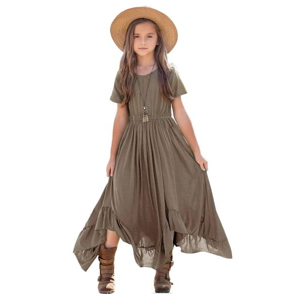 Vestido Maxi Seechoslo para Niñas 8-14 Años Manga Corta Caqui
