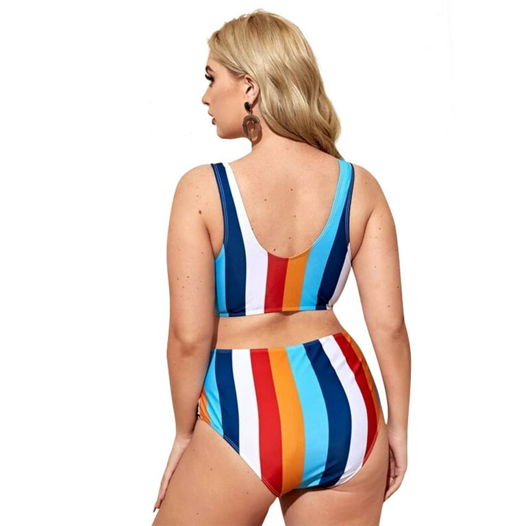 Women's Rainbow Striped Bikini Set High Cut Two Piece Swimsuit Crop Top  Cute Bathing Suits High Waisted Swimwear - Multicolor
