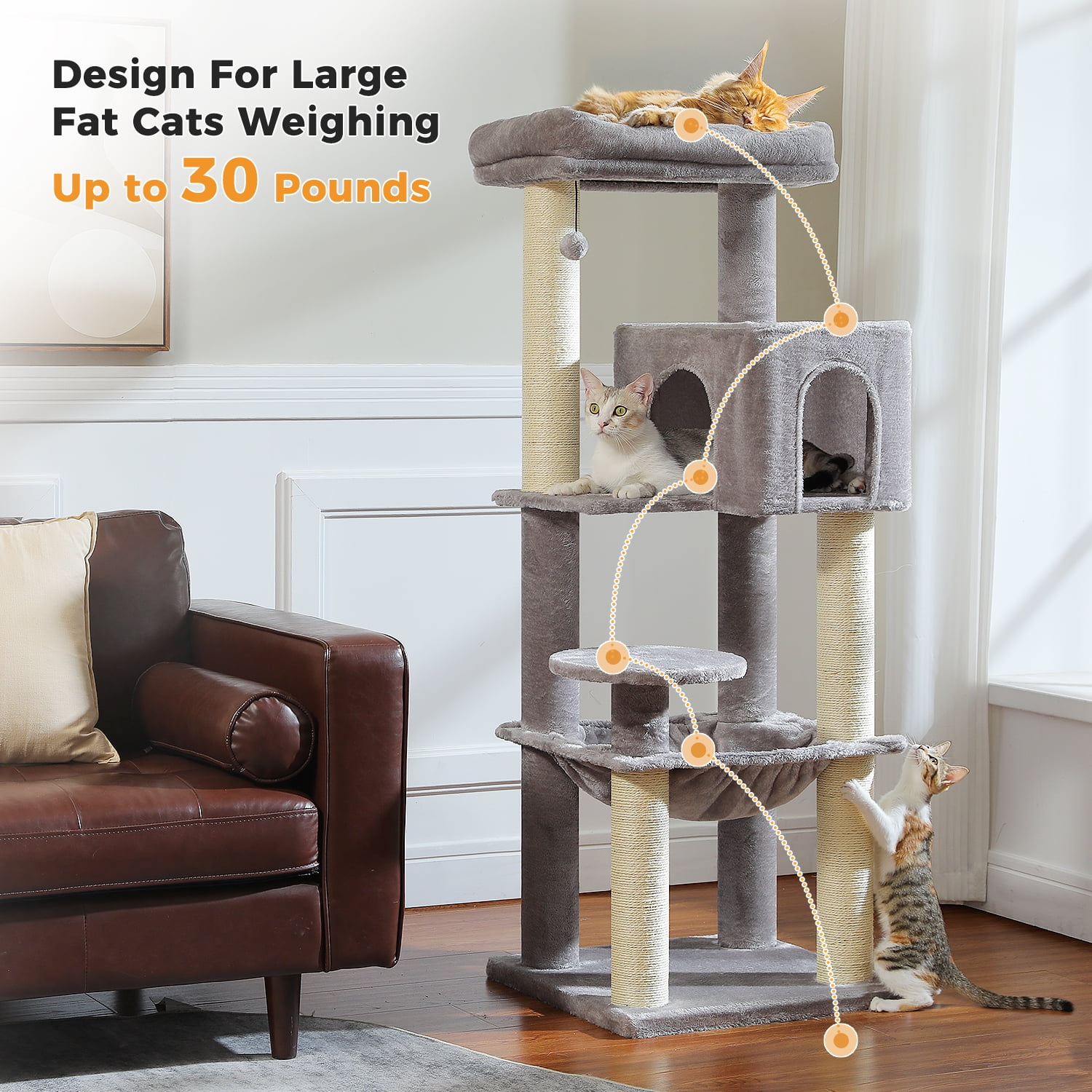Pefilos 57" Cat Tree Tower for Indoor Cats, 5-Level Cat Condo with Large Hammock, Big Top Perch and 4 Sisal Covered Scratching Pos, Gray