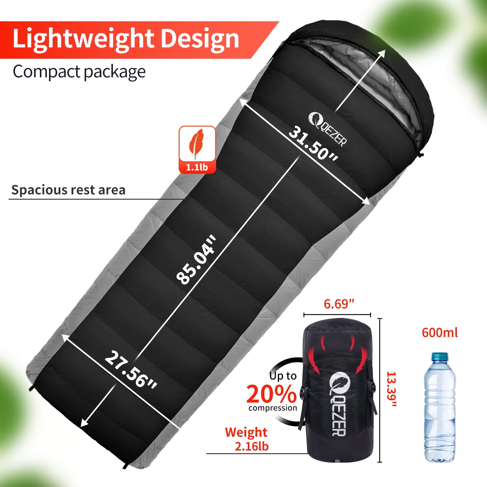 QEZER Ultralight Down Sleeping Bag Adults For 3 Seasons 40℉-53℉, Camping and Traveling