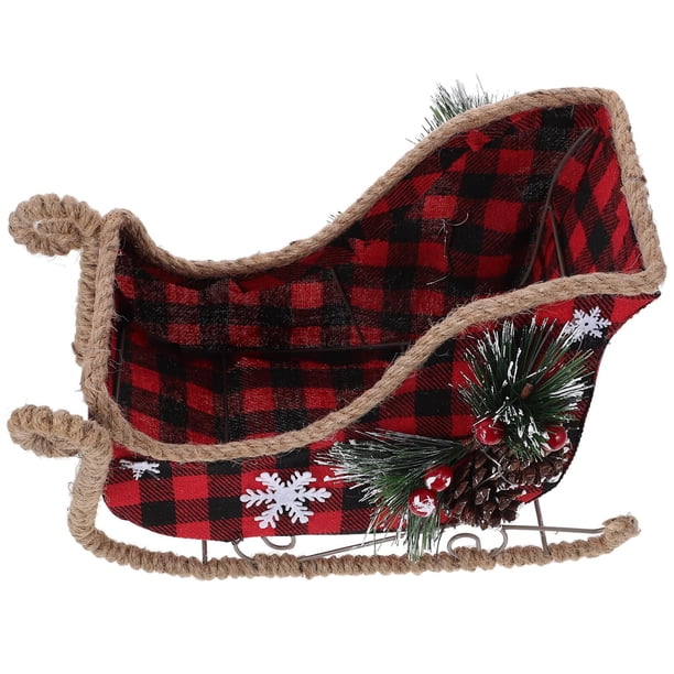 Decoración navideña de trineo rojo de Papá Noel, trineo navideño de mesa con patrón a cuadros, trineo de metal con cono de pino, tazón de caramelo, Navidad