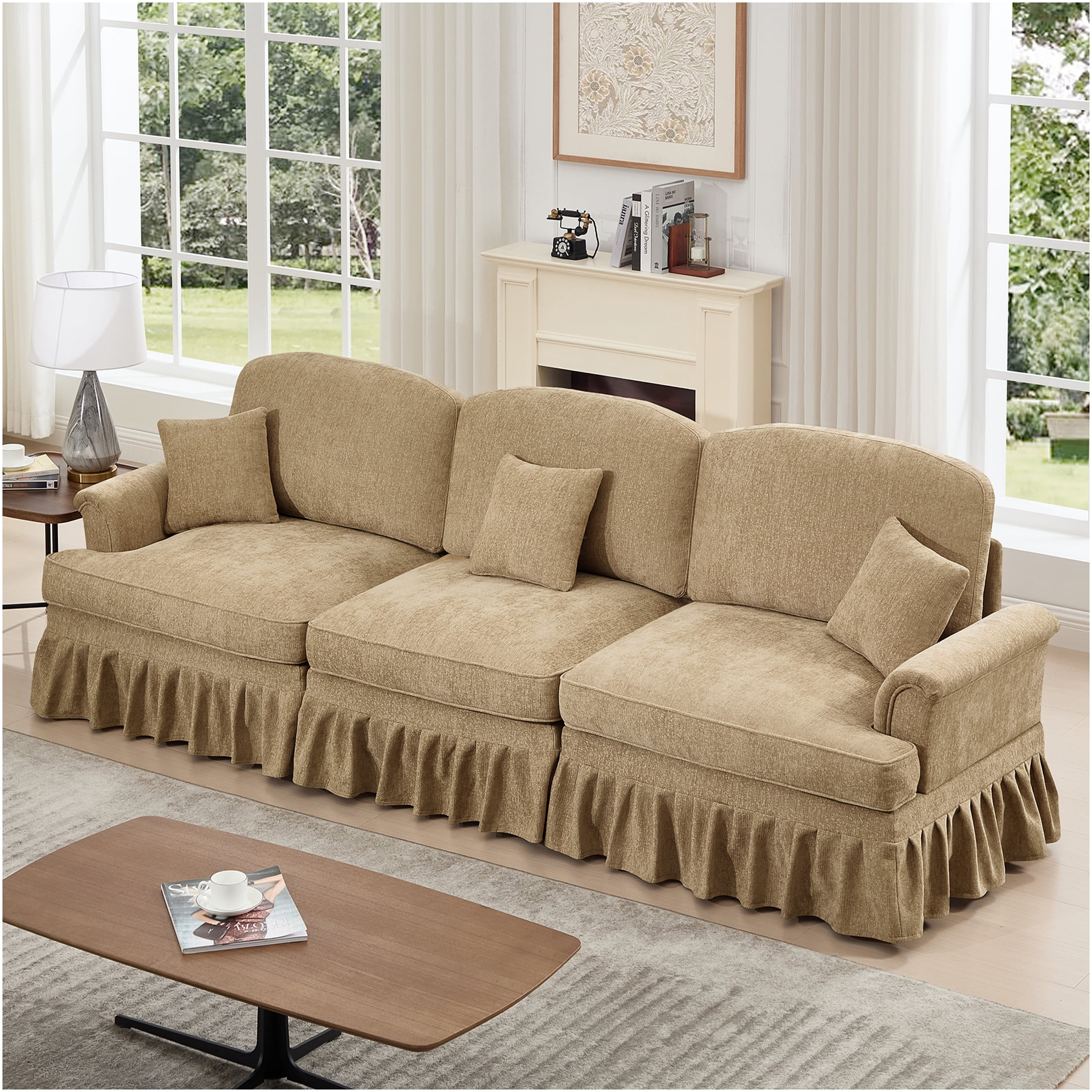 Kevinplus 3 Seater Sofa Mid Century Lamb Wool Fabric, Beige