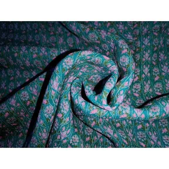 Silk chiffon printed fabric green with pink floral stripes 44" wide [15457]