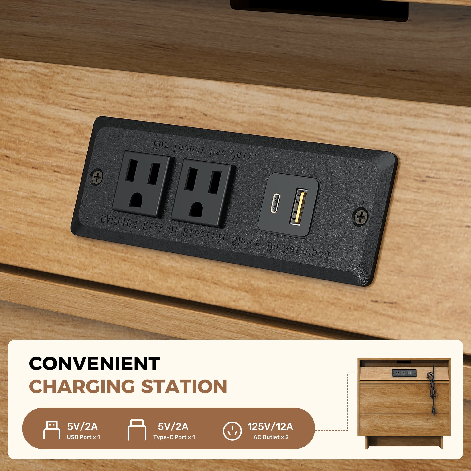 MOONMISS 3 Drawers Nightstand with Charging Station, Wood Night Stand with Waterproof Table Top for Bedroom, Livingroom, Natural Wood