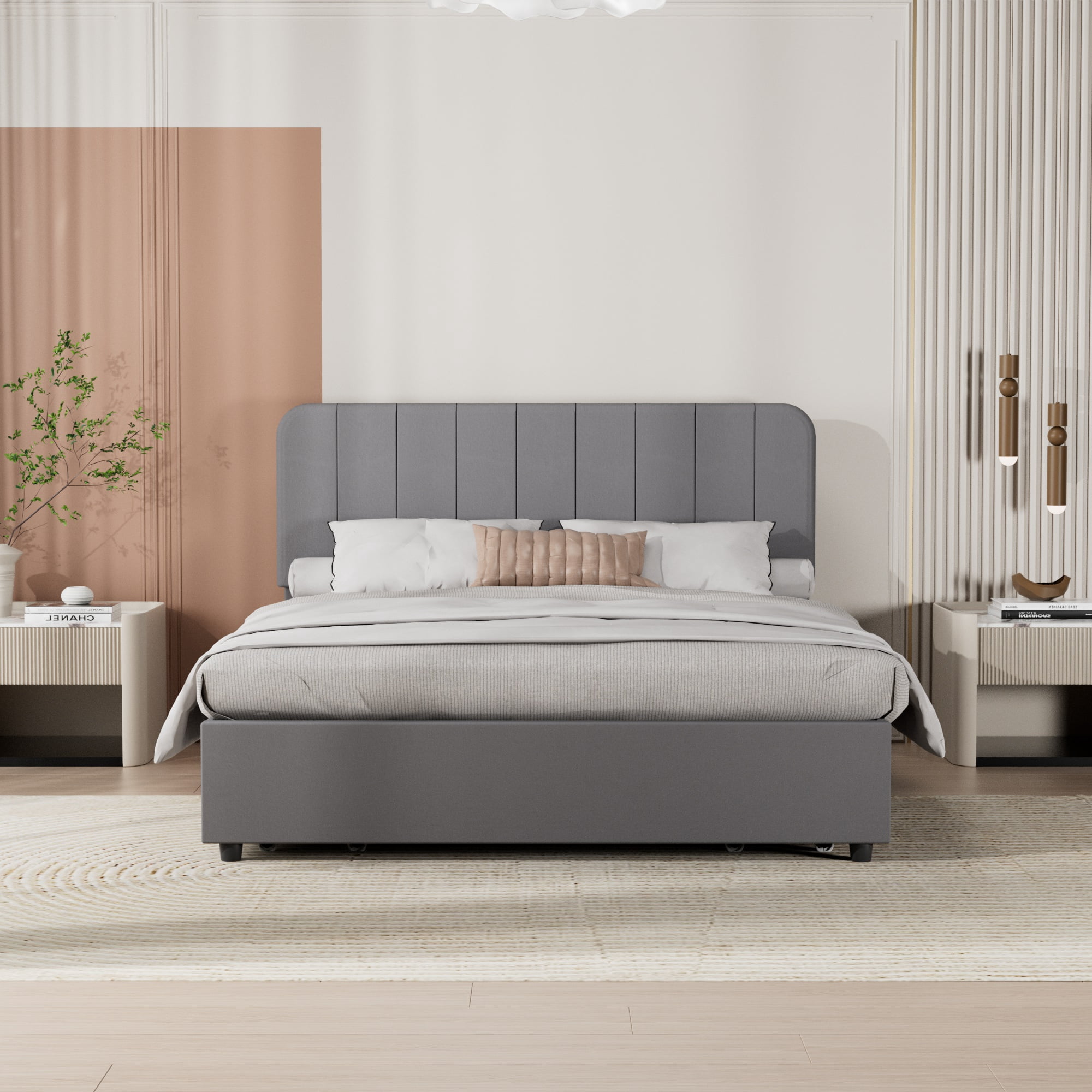 VECELO Full Size Bed Frame with 4 Storage Drawers, Modern Upholstered Platform Bed Frame with Adjustable Headboard, No Box Spring Needed, Dark Gray