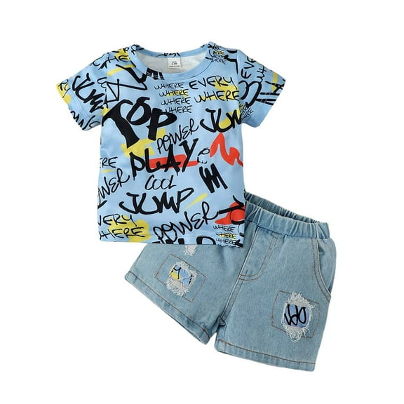 Kucnuzki 2T Toddler Boy Summer Outfits Shorts Sets 3T Short Sleeve Doodle Prints Tops WalkShorts 2PCS Set Blue