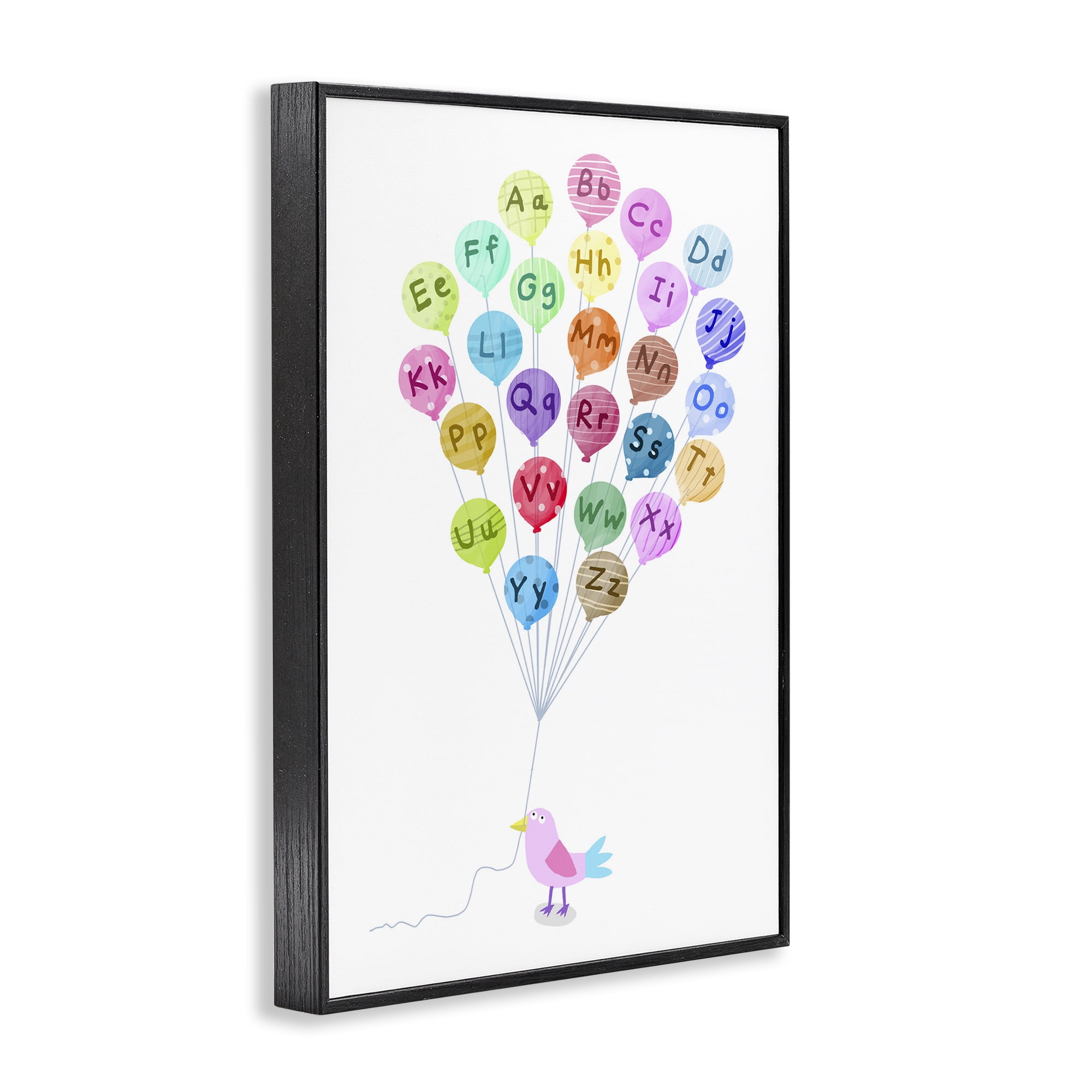 Stupell Industries Bird & Alphabet Balloons Animals & Insects Painting Black Framed Art Print Wall Art, 12 x 18