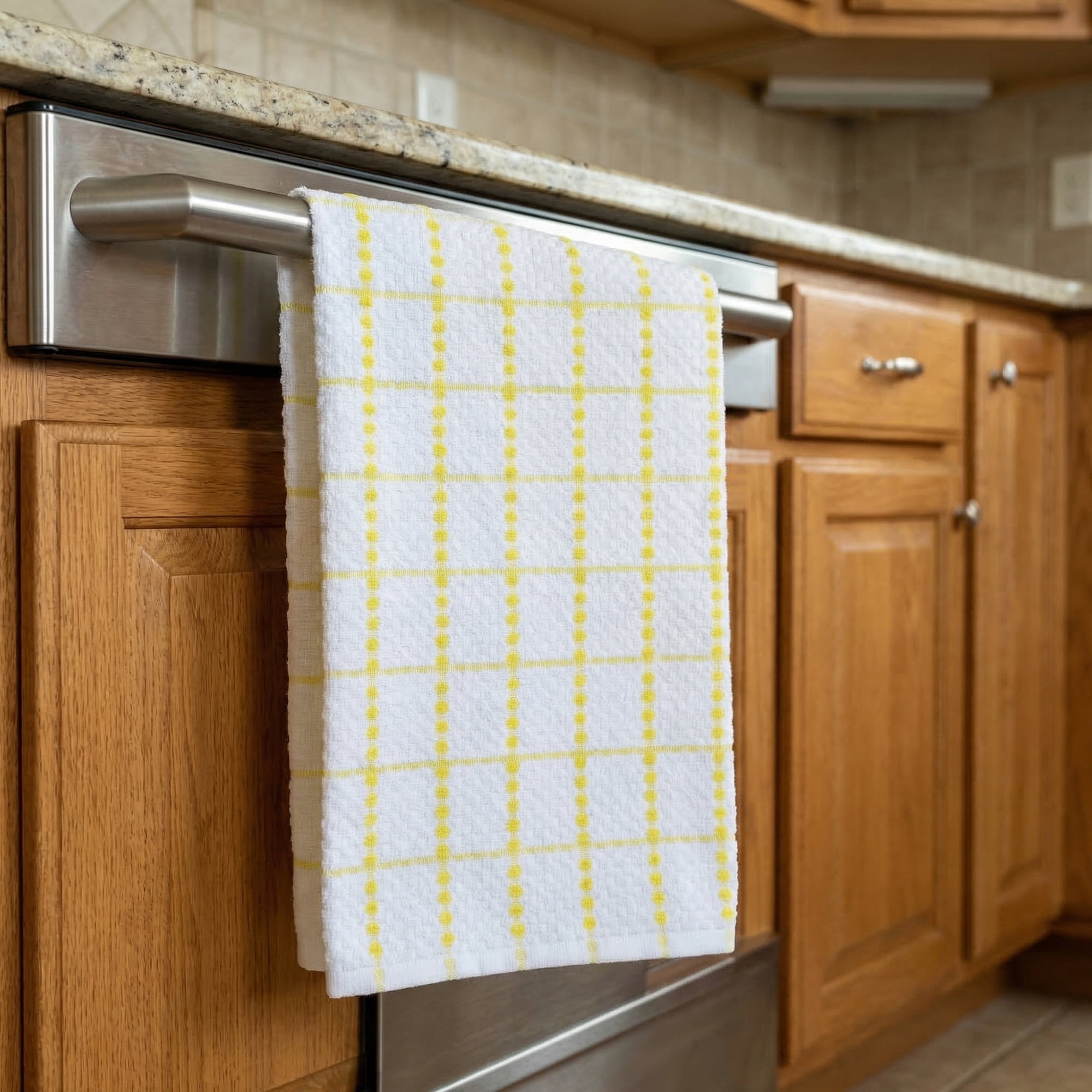 Unique Bargains 4 Pack Kitchen Towels Plaid 100% Cotton Quick Dry Yellow/Green 25" x 15"