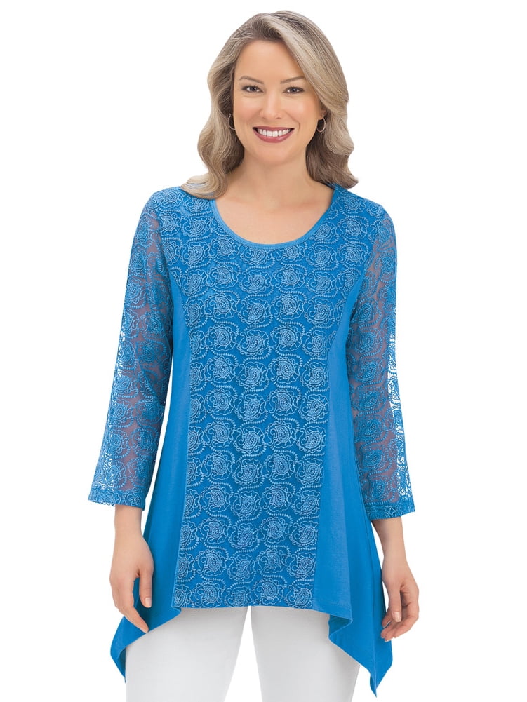 collections - women's 3/4 sleeve lace tunic top with sharkbite hem ...