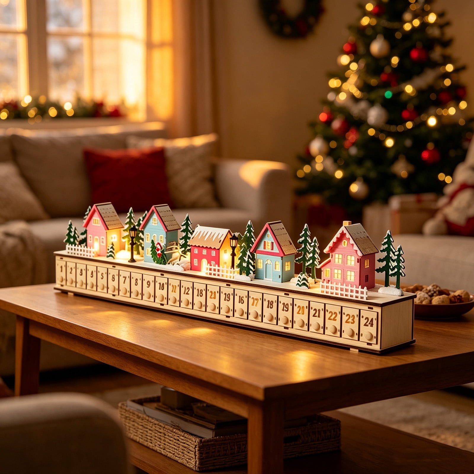 Christmas Wooden Mini Village Advent Calendar with Led Lights Decor Cute Vivid Colorful House Mold with 24 Smal Storage Drawers Ornament for Mantel Shelf Table Home Office Holiday Display Gift