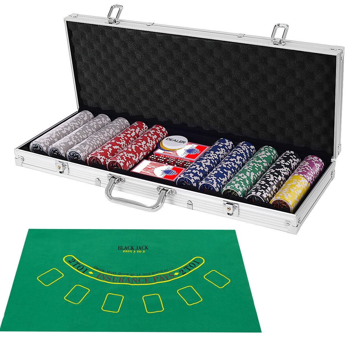 Poker Chip Set 500 Dice Chips Texas Hold'em Cards w/ Silver Aluminum