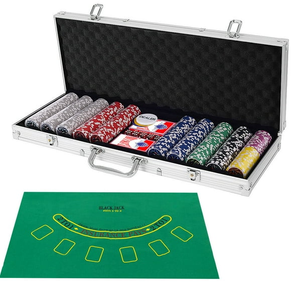 Costway Jeu de Jetons de Poker 500 dés Jetons Texas Hold'em Cartes W / Cas d'Aluminium Argent