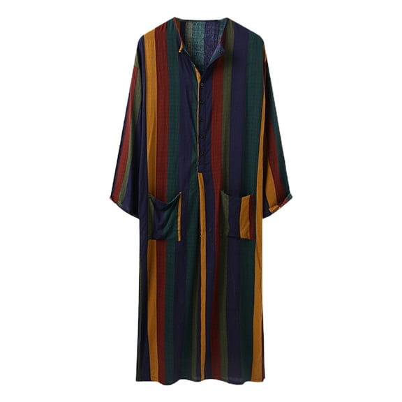 Men Muslim Colorful Striped Kaftan Robe Arabic Long Sleeve Buttons Maxi Loose Tunic Tops with Pockets Dubai Clothing