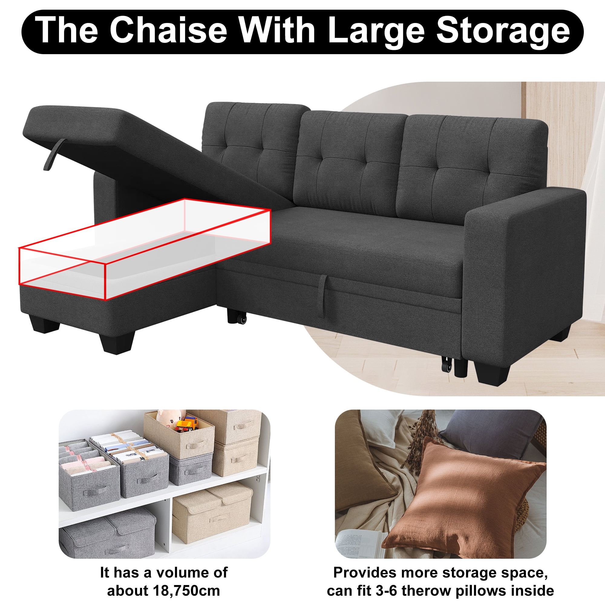 DEALTOPS Linen Reversible Sleeper Sectional Sofa Bed with Storage Chaise,Dark Gray