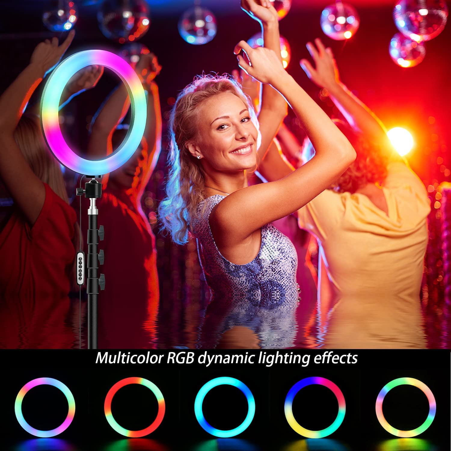 10" RGB Selfie Ring Light with 63" Tripod Stand, Dimmable for Makeup Live Streaming YouTube TikTok Photography