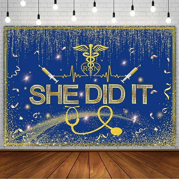 Nurse Graduation Backdrop She Did It Congratulations Graduates Blue Gold Photography Background Congrats Grads Class of 2024 Prom Party Decorations Banner Photo Studio Props