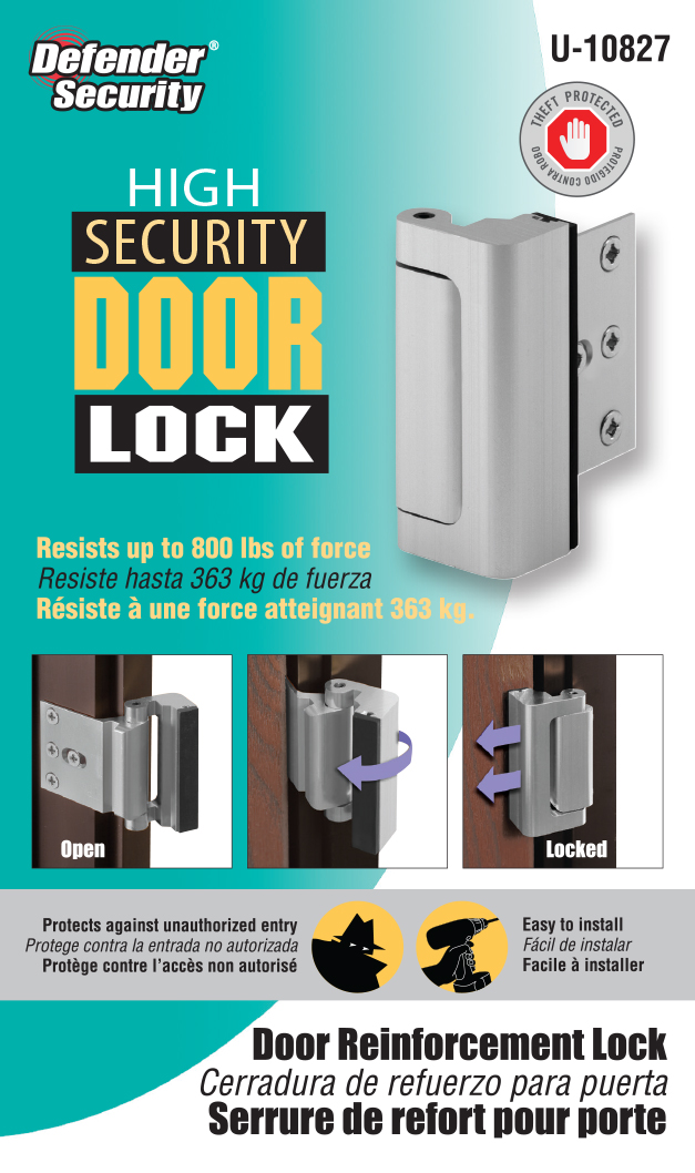 Door Reinforcement Lock, in. Stop, Aluminum Construction, Satin Nickel  Anodized Finish