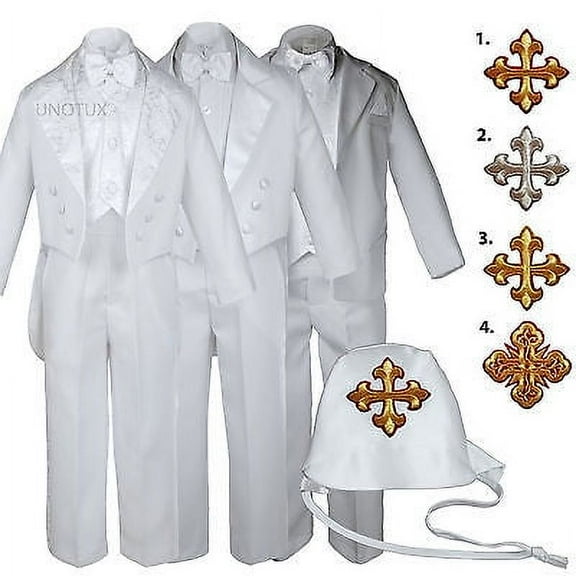 White Baby Toddler Boys Easter Christening Baptism Formal Tuxedo Suits Cross Hat
