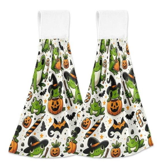 2 Pcs Halloween Frogs Pumpkin Candy Kitchen Hand Towels with Hanging Loops Absorbent Soft Fast Drying Decor Bath Towels