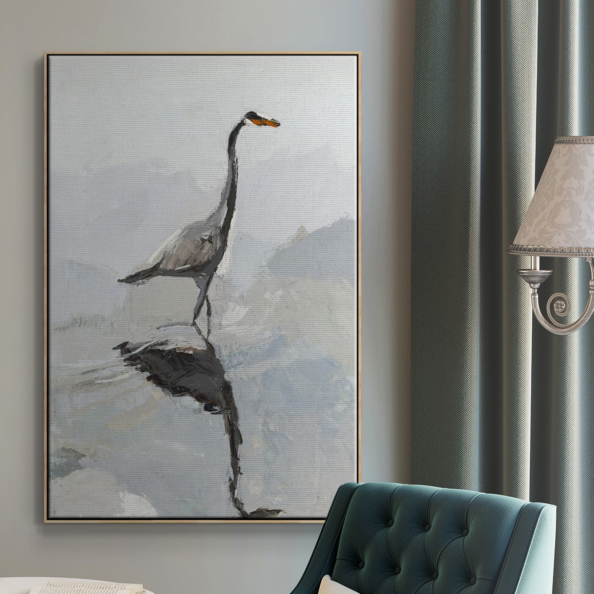 Heron Framed Premium Gallery Wrapped Canvas - Ready to Hang - 27 x 41 - Natural Wood Floating Frame