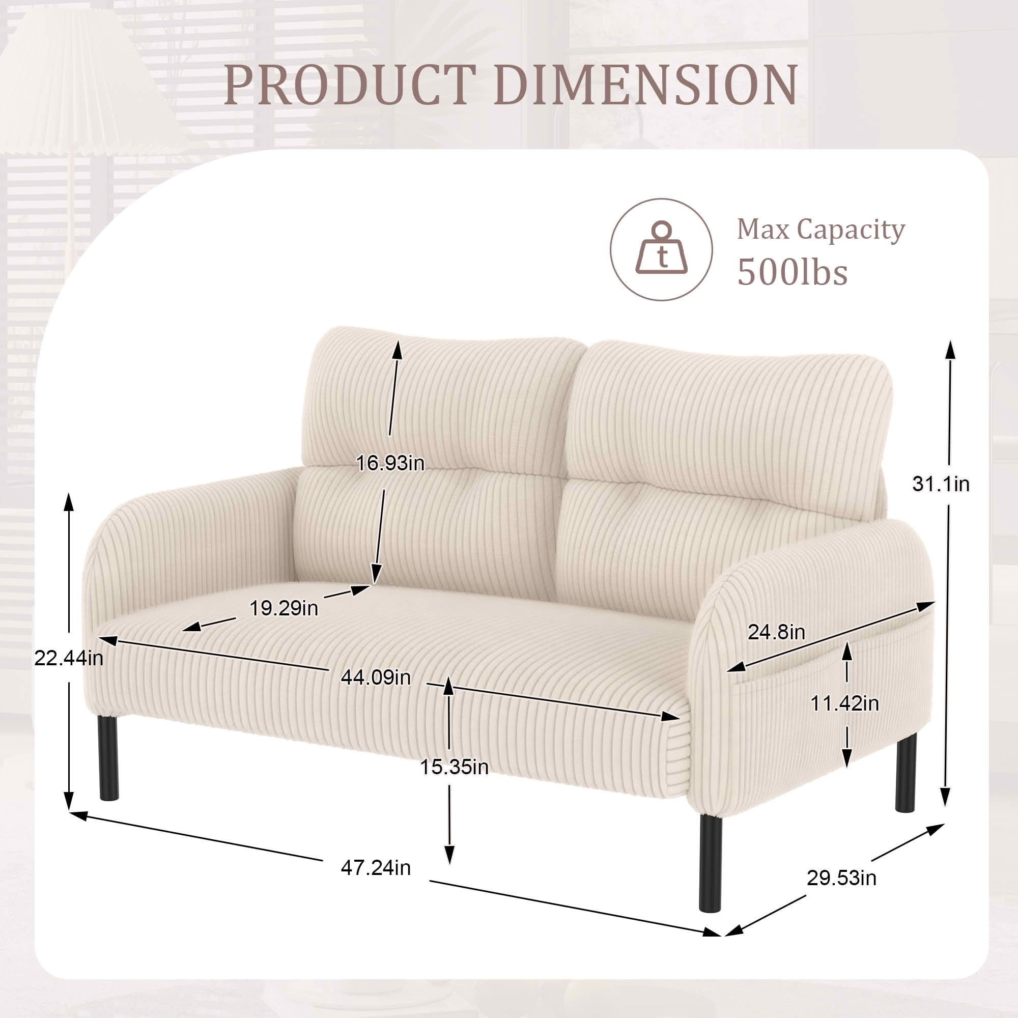 MAYEERTY Corduroy 2-Seater Loveseat, Modern Monochrome Double Sofa with Side Storage Pockets & Sturdy Wood Frame for Home Office