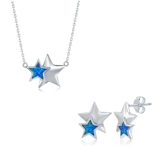 Beaux Bijoux Double Star Design Pendant Necklace and Earrings Set, Sterling Silver Created Blue Opal 16 2” Chain Jewelry for Women or Teens