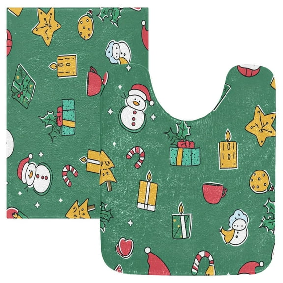 2 Piece Soft Bathroom Rug Set Cute Christmas Icons Bath Mat and U-Shaped Toilet Contour Rug (16"x24" 20"x24")