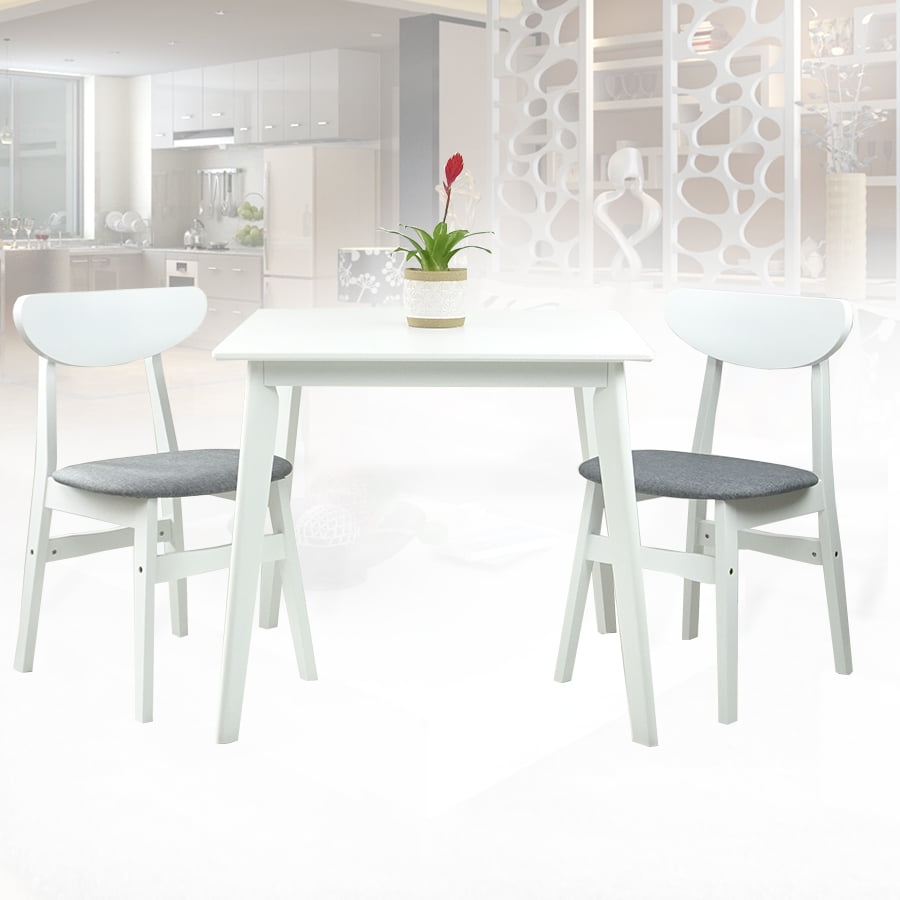 Dining Room Set of 2 Yumiko Chairs and Square Dining Table Kitchen Modern Solid Wood w/Padded Seat, White Color with Light Gray Cushion