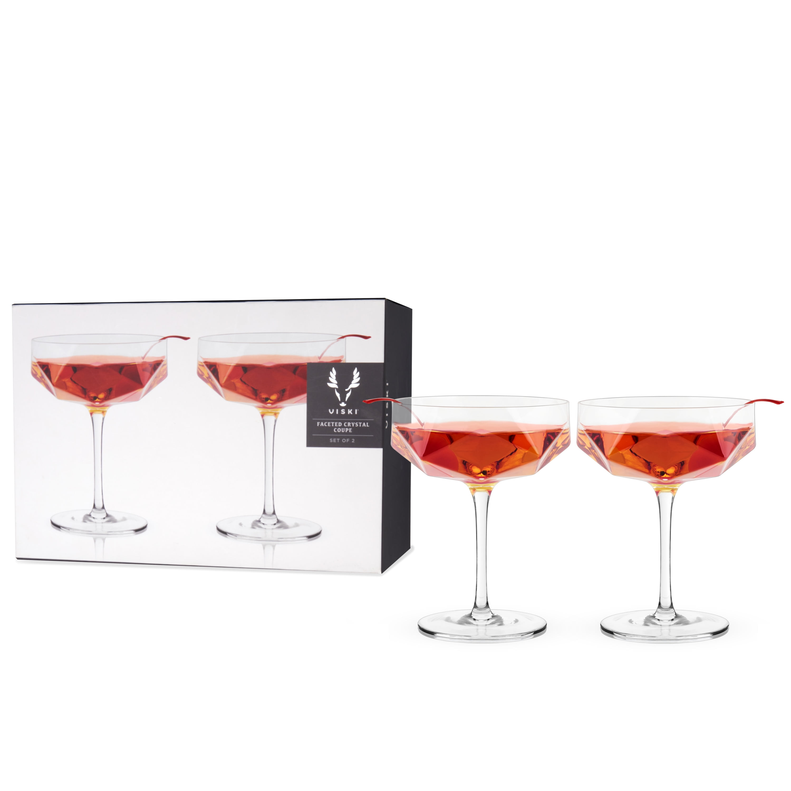 Viski Faceted Coupes, Set of 2 Modern Stemmed Cocktail Glasses, Lead
