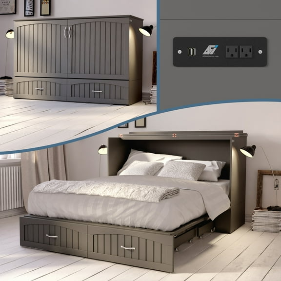 Queen Murphy Bed Chest with Charging Station - Space Saving Bed, Grey Finish, Home Furniture