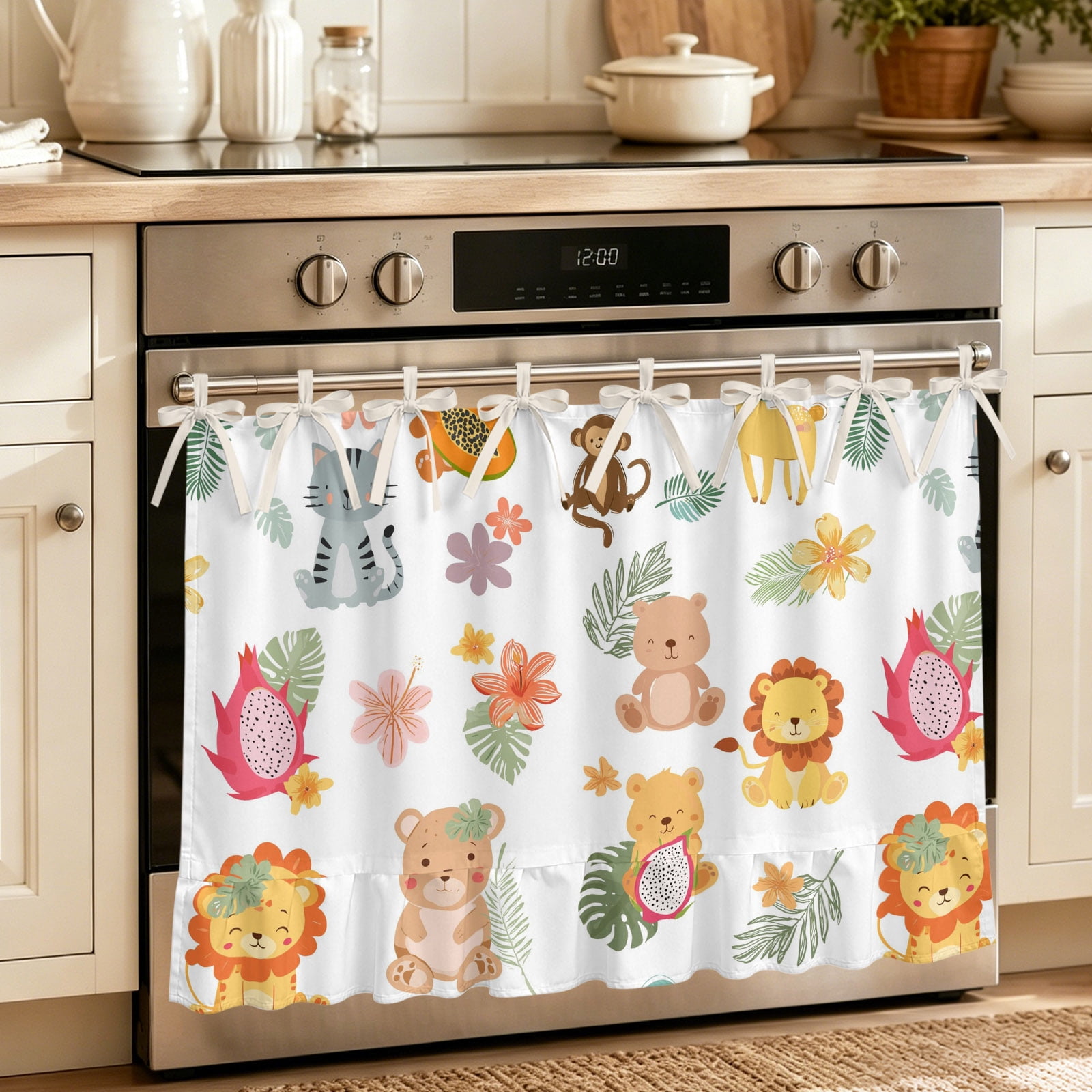 Oven Skirt Curtain for Kitchen 21.5x30 Inch Cartoon Oven Curtain with 8 Ribbon Ties & Ruffle Trim Stove Skirt Curtain Dishwasher for Cabinets Over Sinks Funny Lions Camels Tropical Monstera Plants