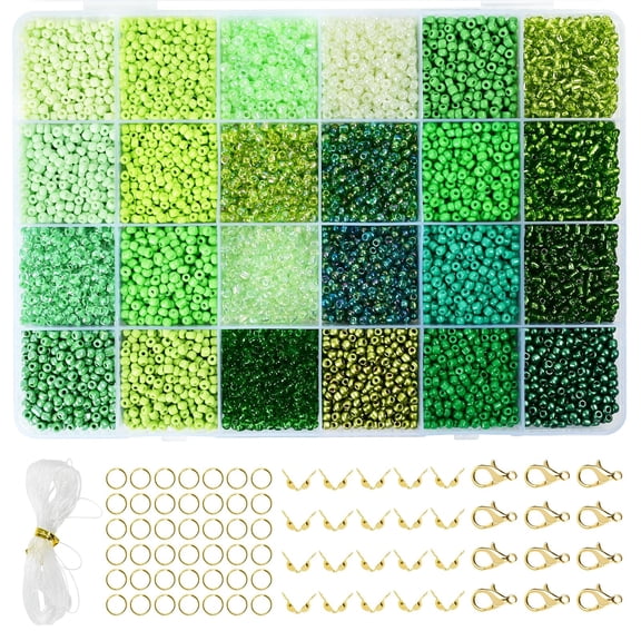 3mm Glass Seed Beads for Bracelets Making, 24 Colors 10000pcs Friendship Bracelet Making Kit with Jewelry Findings, Small Glass Beads for Jewelry, Necklaces, Earrings, Key Chains, Green Mix