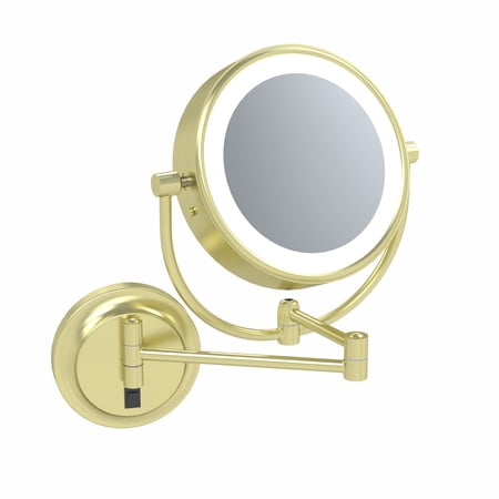 Aptations 9 LED Round Mirror - 1X & 5X Magnification | Switchable Cool & Warm Light | Hardwired LED Arm Wall Mirror | Makeup Mirror for Vanity Bedroom Bathroom | Energy Efficient (Brushed Brass)