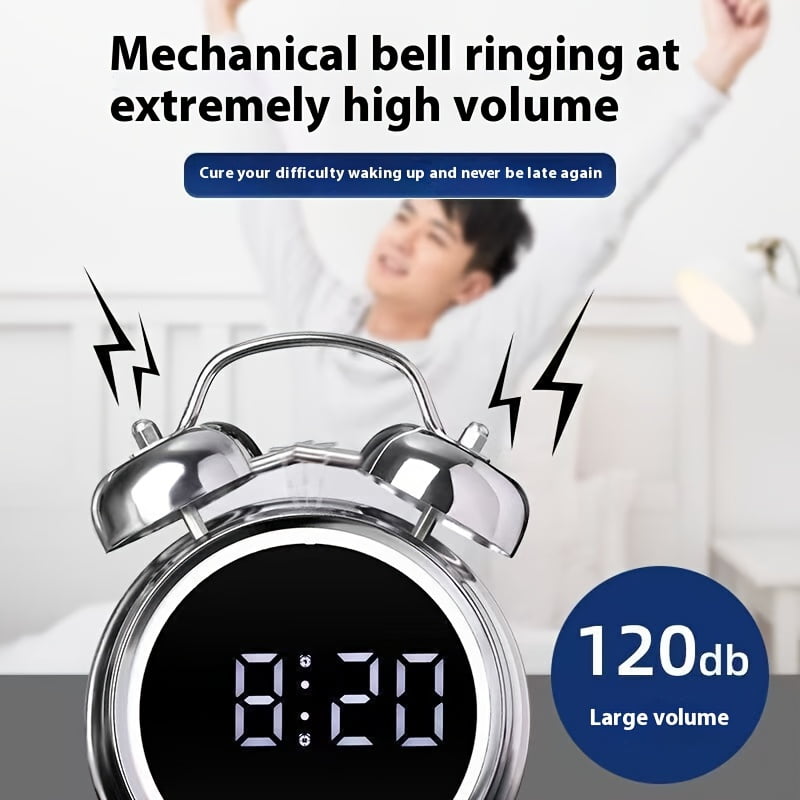 This is a stylish metal alarm clock with a night light and a variety of features, including temperature and date displays. It operates quietly without ticking and has both weekday and weekend alarm s