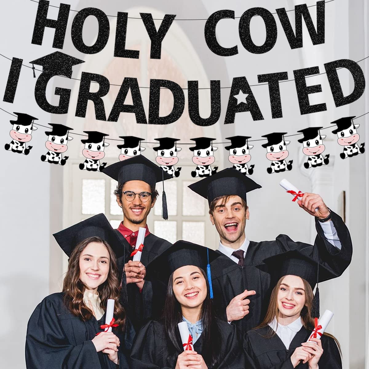 Holy Cow I Graduated Banner, Cow Congrats Graduation Decoration with Black Cap Pre-assembled Class Of 2023 Graduation Party Decoration Supplies for High School College