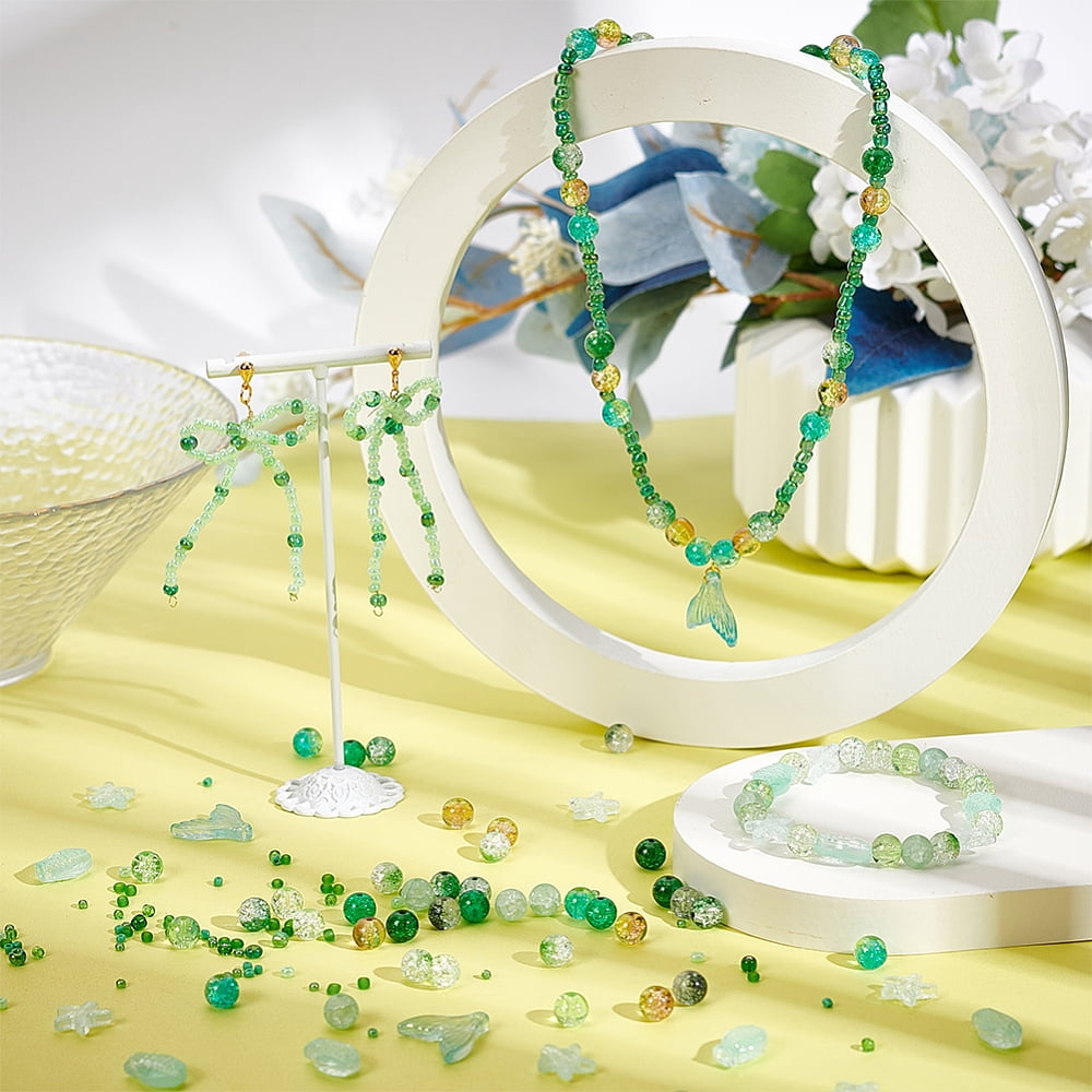 DIY Fish Theme Bracelet Making Kit Including Round Starfish Fishtail Glass Seed Beads Elastic Thread Green diy