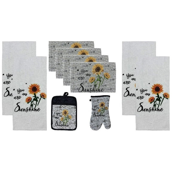 Set of 10, You are My Sunshine and Sunflower Design Tapestry Kitchen Towel Set, Include 4 Placemats, 4 Kitchen Towels, Potholder  Oven mitt.