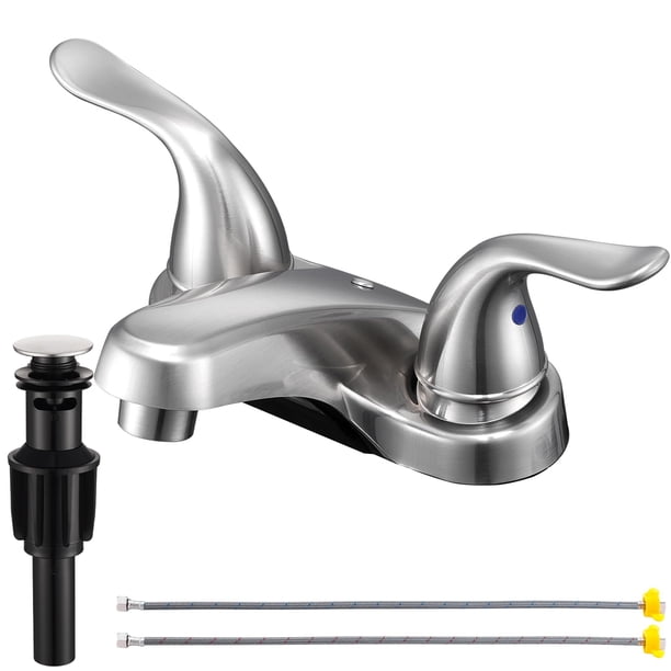 KPWATER Grifos para fregadero de baño, 2/3 orificios, níquel cepillado, manijas dobles, revestimiento de plástico de 4 pulgadas, grifo de baño con drenaje emergente y 2 mangueras de suministro para to