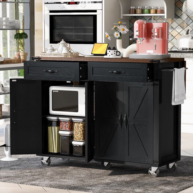 53.5" Farmhouse Kitchen Island with Power Outlet, Kitchen Storage Island with Drop Leaf, Spice Rack and Drawer, Rolling Kitchen Cart on Wheels, for Home, Kitchen, Black (One Package)