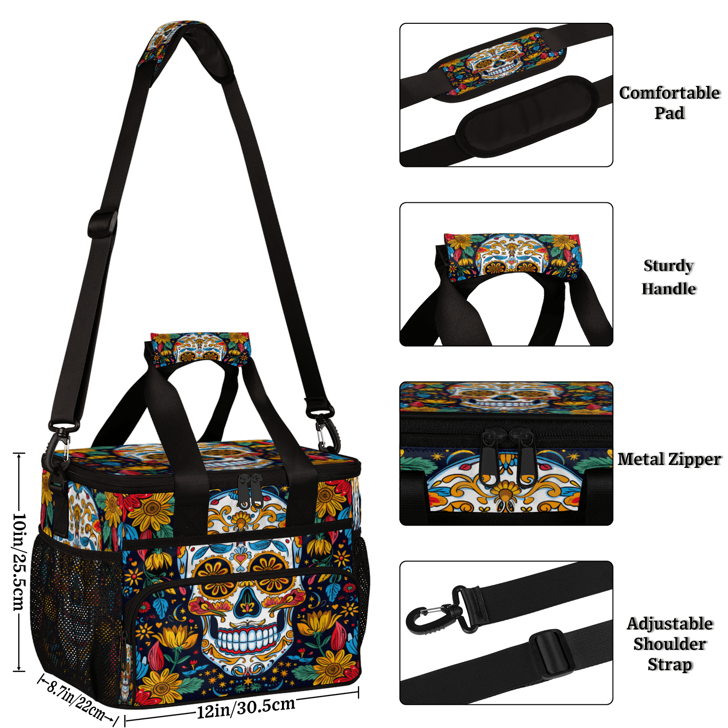 Herdesigns Sugar Skull Gothic Halloween Large Lunch Box for Adults Women Men with Adjustable Shoulder Strap, Insulated Reusable Lunch Bag Leakproof Cooler Tote Bag