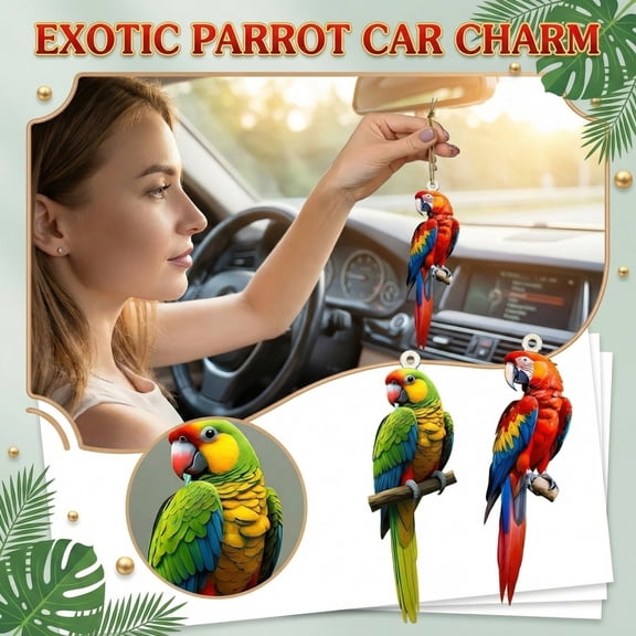 2PCS Mixed Parrot Hanging Car Ornament 3.15in 2D Acrylic Tropical Bird Rearview Mirror Decor for Auto Interior, Parrot Pendant Decoration for Car Home Window Display