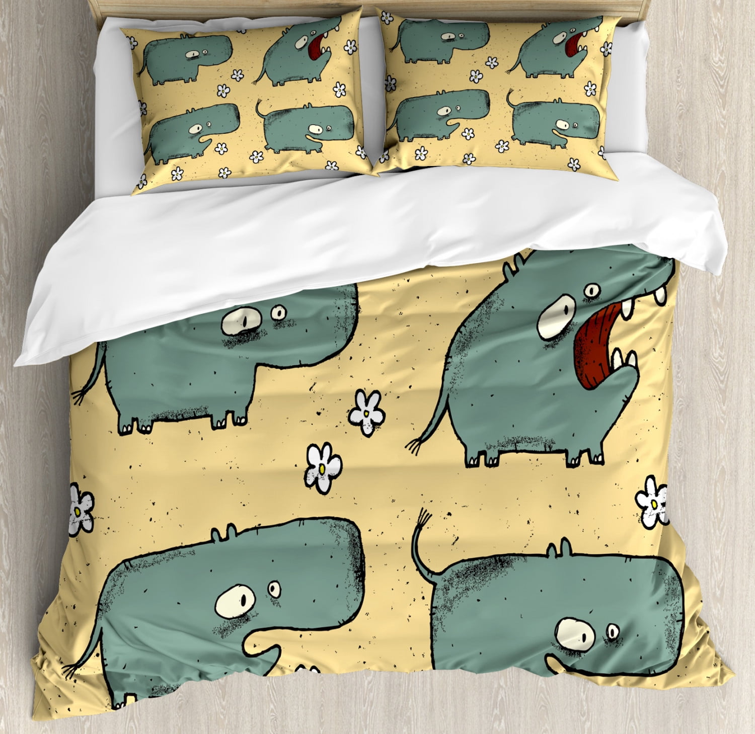 Hippo Cute Print Pattern Duvet Cover Bedding Set