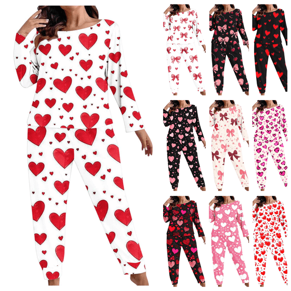 Lovzfmll Pajama Set for Women, Plus Size Valentine's Day Print Set, Long Sleeve Lounge Top and Pants, Cozy Home Sleepwear Red-A, XL