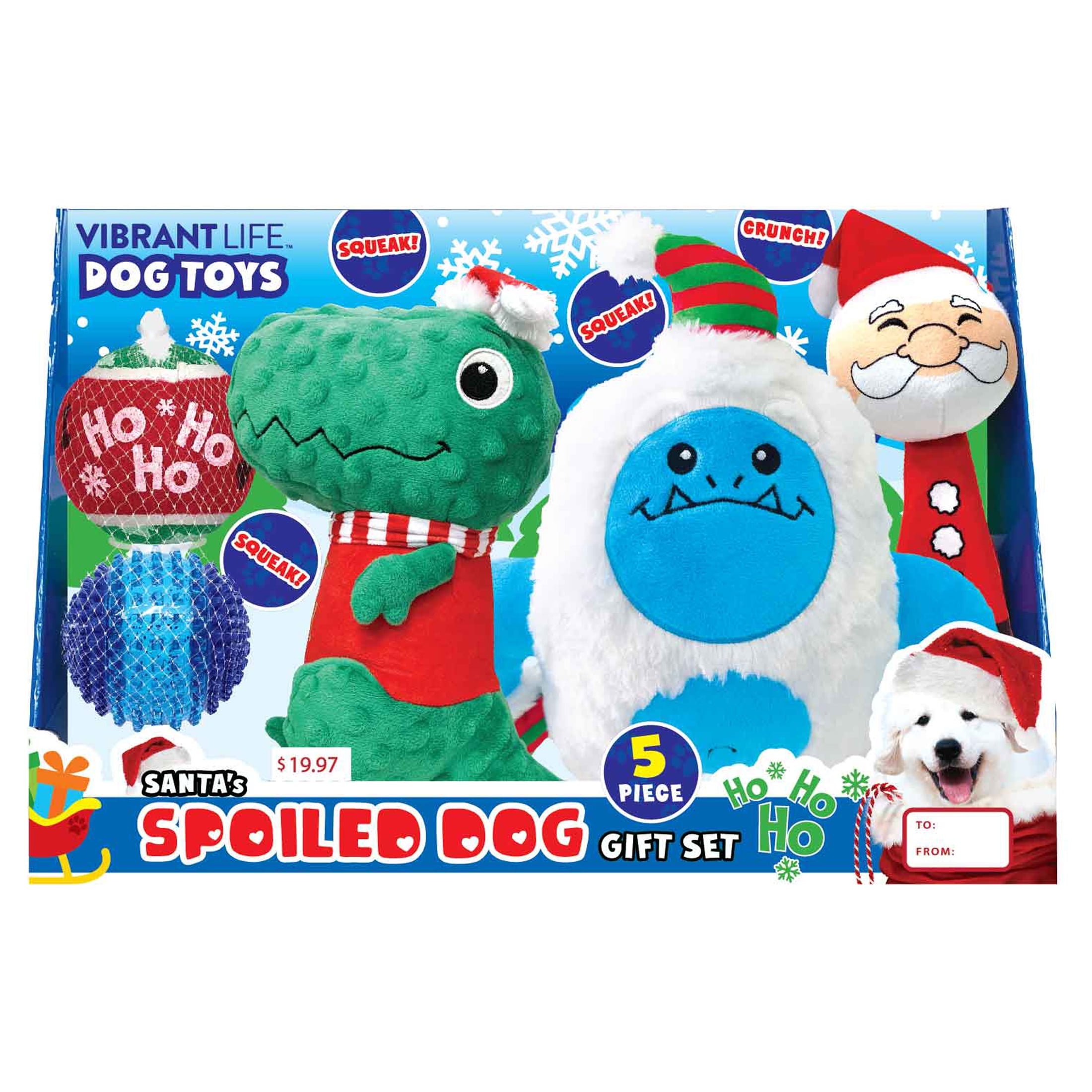 Vibrant Life Santa's Spoiled Dog Toy 5-Piece Gift Set for Christmas, Five Fetch & Squeak Dog Toys - Blue