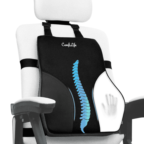 ComfiLife Lumbar Support Pillow for Office Chair and Car, Versatile and Ergonomic Memory Foam Back Cushion with Adjustable Strap, Black