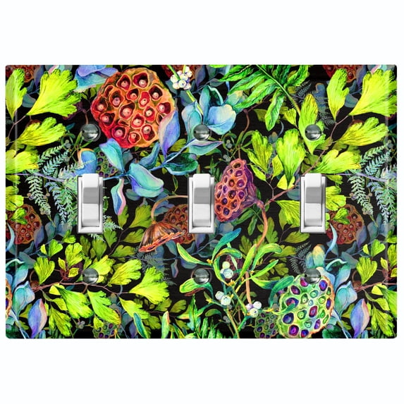 Metal Light Switch Plate Cover Red Lotus Pod Plant Leaves Green FLW024