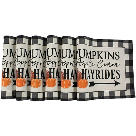

Fall Black Checkered Farmhouse Sign Placemats Pumpkins Apple Cider Hayrides Set of Six (6) Faux Burlap Fabric for Holiday s Thanksgiving Autumn and Fall (Placemats)